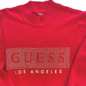 Guess Red Sweater Women's Large Rhinestone Logo Pullover Y2K Retro Streetwear